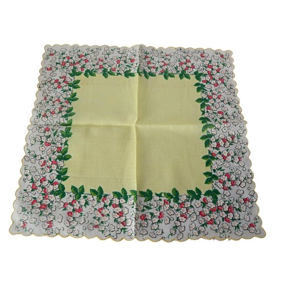 Handkerchief Hanky Hankie Vintage Pale Yellow with Floral Border - Picture 2 of 2
